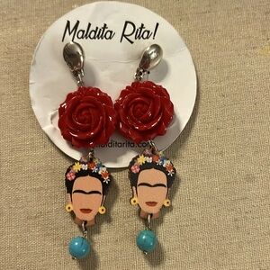 Maldita Rita Red Rose Frida Khalo long earrings